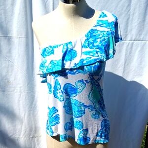 Blue Floral One-Shoulder Lilly Pulitzer Top, Ruffle, Sea Shells, Sz S
